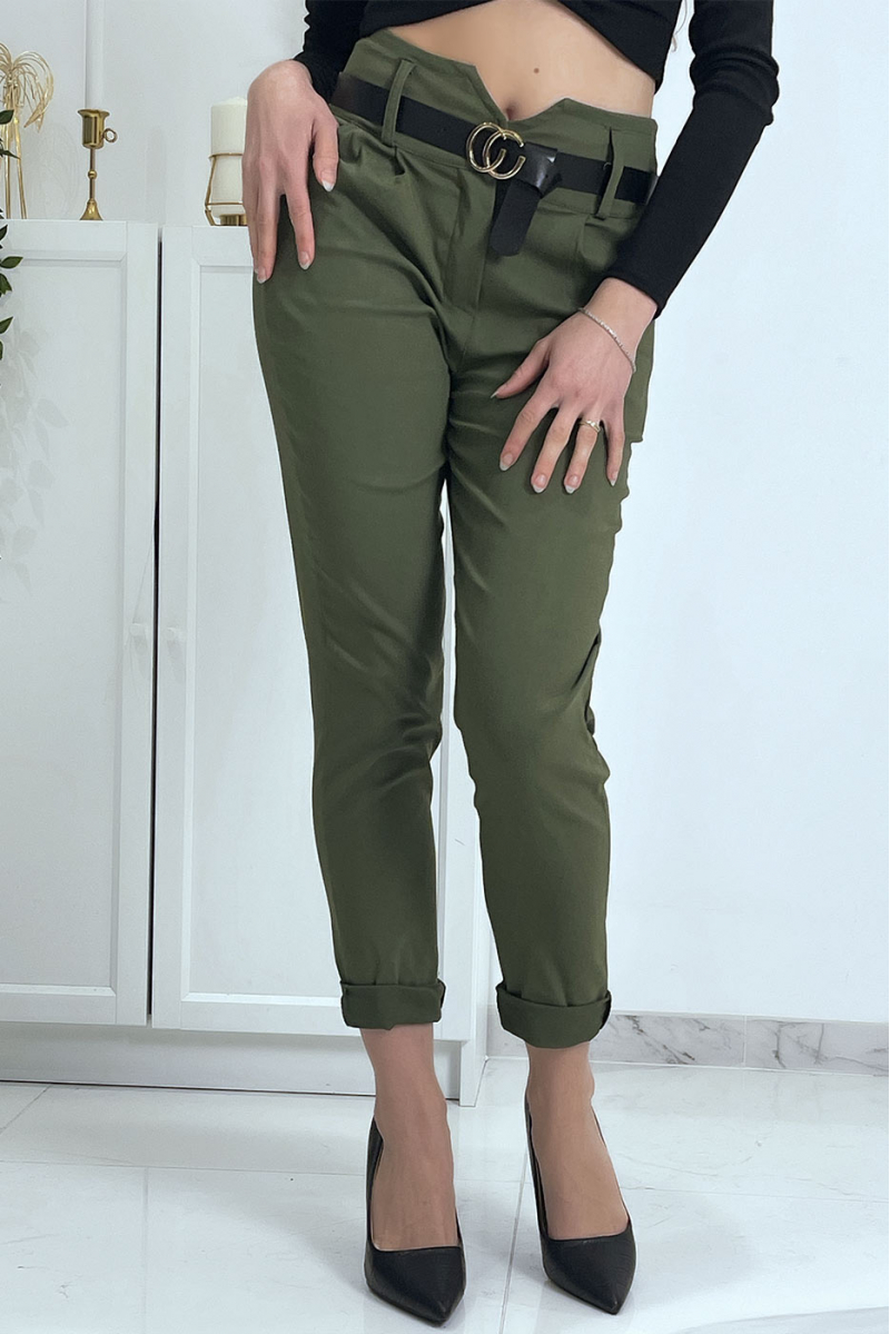 Khaki carrot pants with pockets and belt - 4