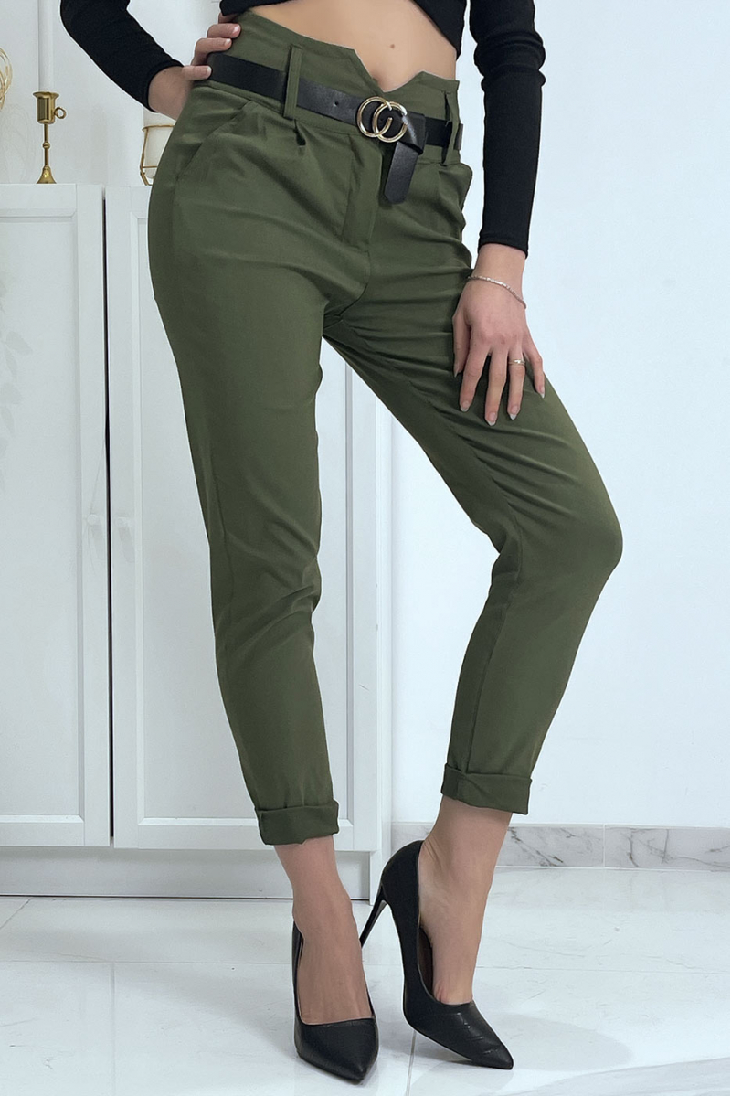 Khaki carrot pants with pockets and belt - 5