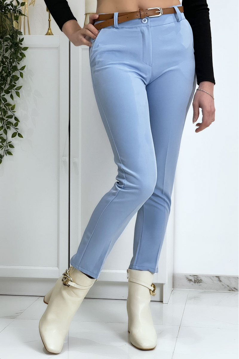 Pantalon working girl bleu avec poches et ceinture - 1 Pantalon working girl bleu avec poches et ceinture - 1