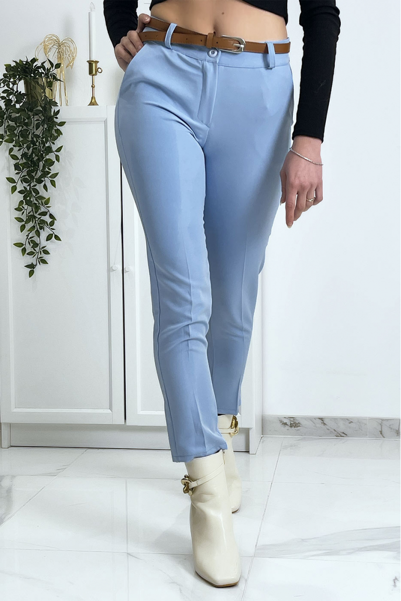 Blue working girl trousers with pockets and belt - 4