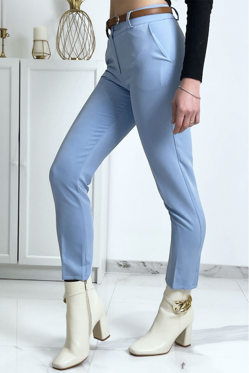 Pantalon working girl bleu avec poches et ceinture - 6