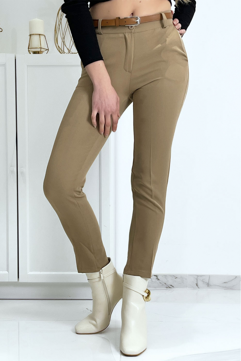 Pantalon working girl camel avec poches et ceinture - 6