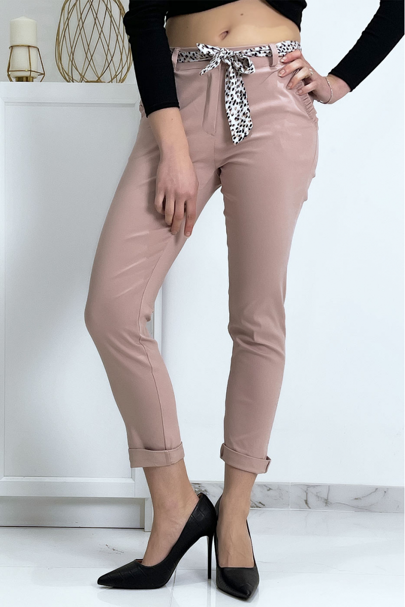 Pantalon strech rose avec poches froufrou et ceinture - 2