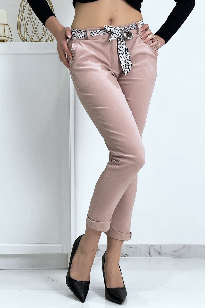 Pink stretch pants with frilled pockets and belt - 3