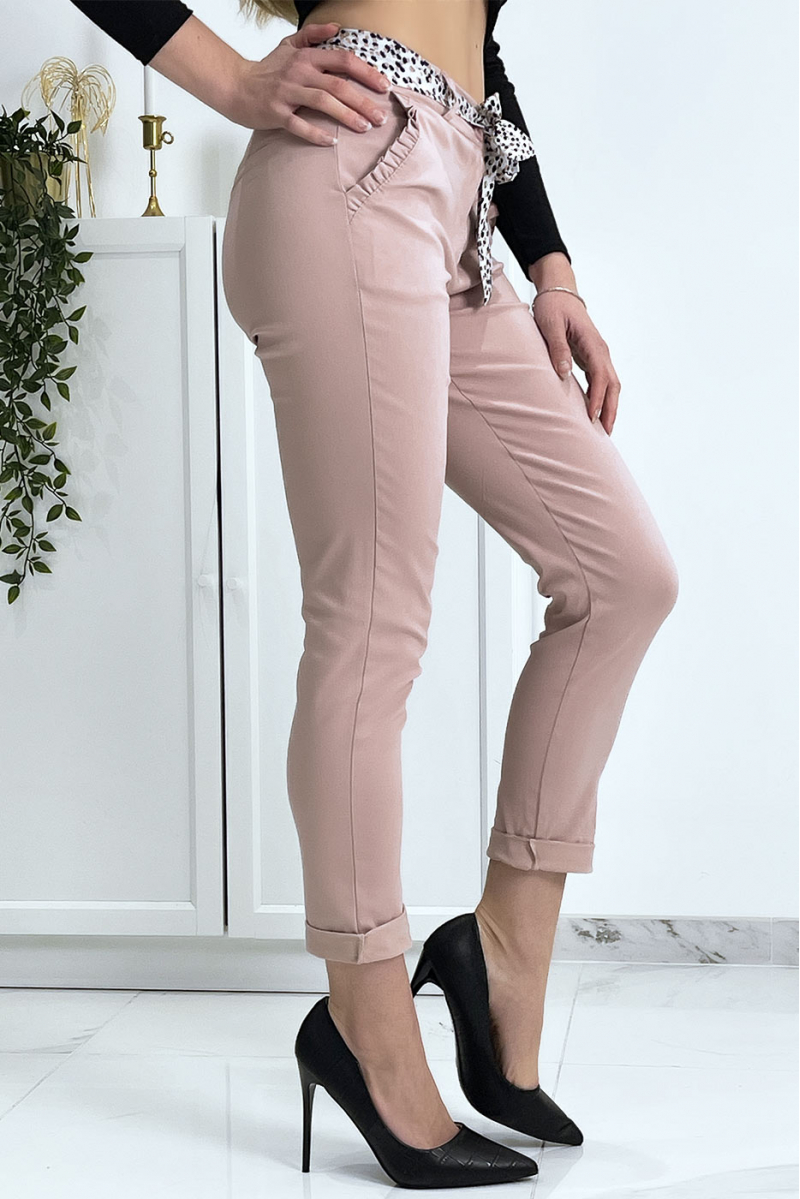 Pink stretch pants with frilled pockets and belt - 1