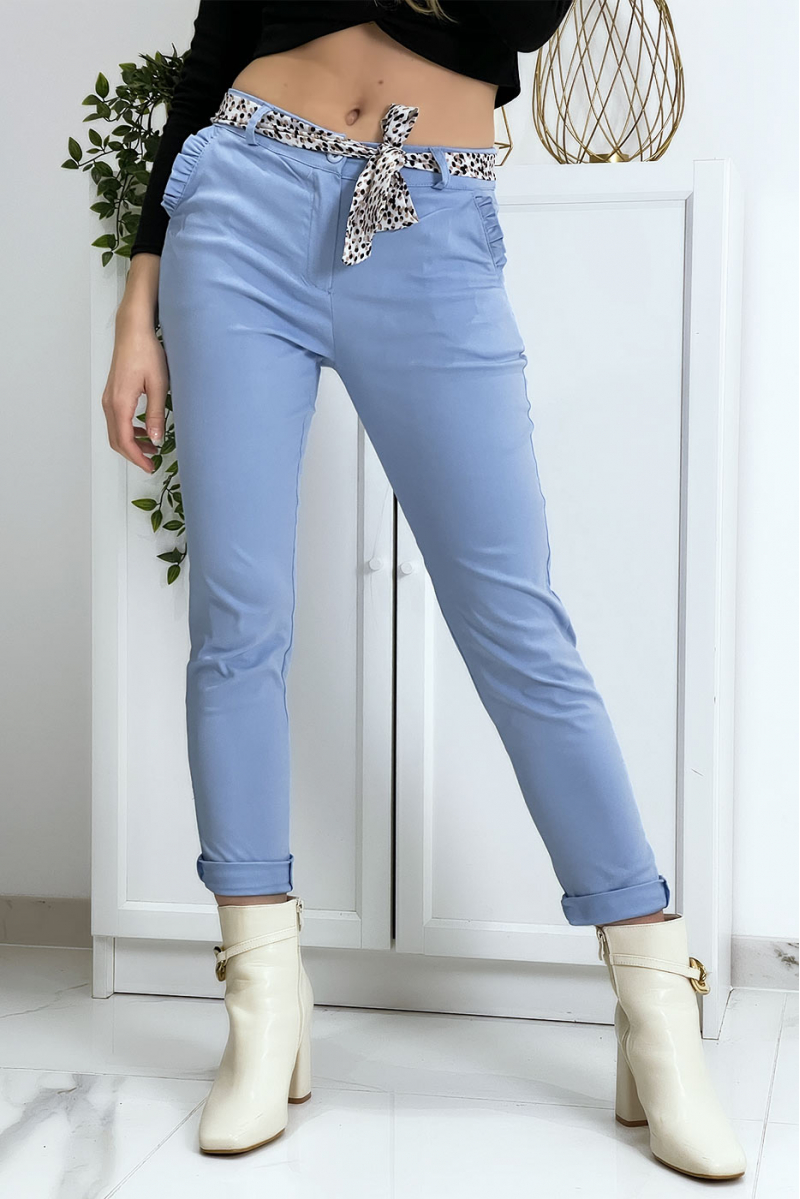 Blue stretch pants with frilled pockets and belt - 2