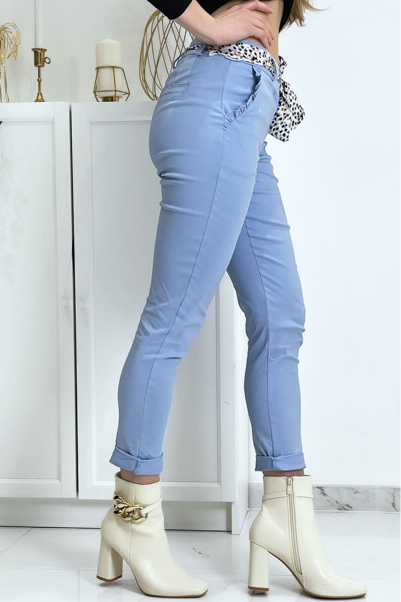 Blue stretch pants with frilled pockets and belt - 1