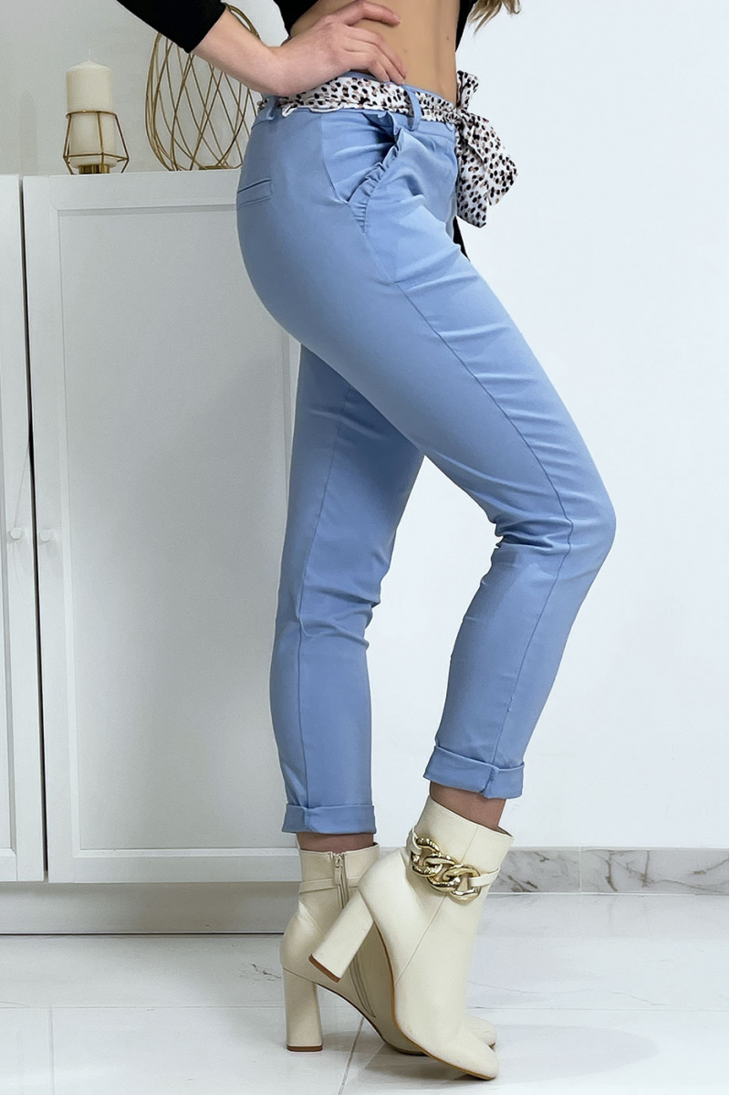 Blue stretch pants with frilled pockets and belt - 8