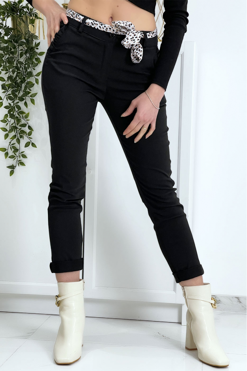 Pantalon strech noir avec poches froufrou et ceinture - 2