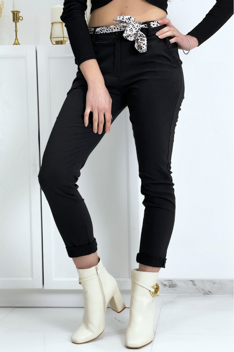 Pantalon strech noir avec poches froufrou et ceinture - 3