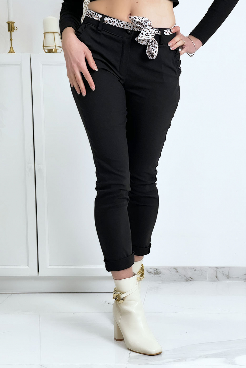 Pantalon strech noir avec poches froufrou et ceinture - 4