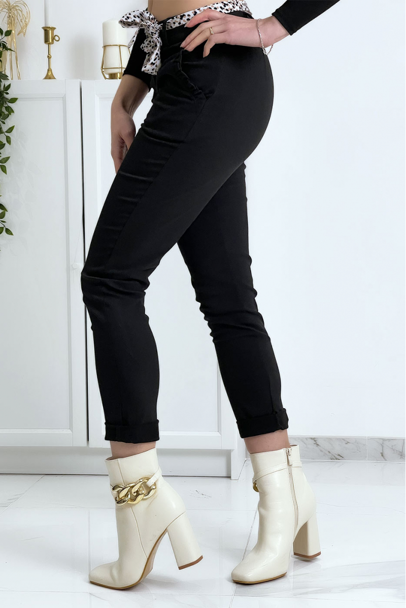 Pantalon strech noir avec poches froufrou et ceinture - 5