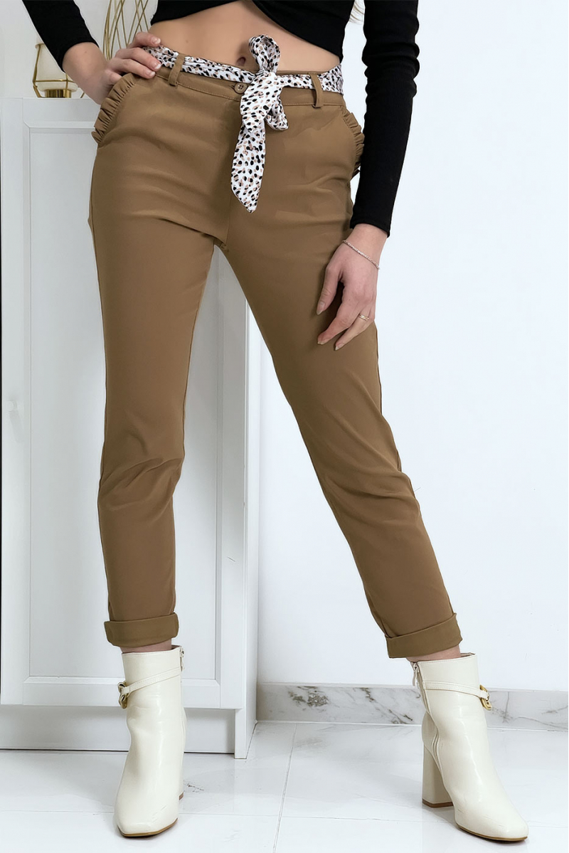 Pantalon strech camel avec poches froufrou et ceinture - 2