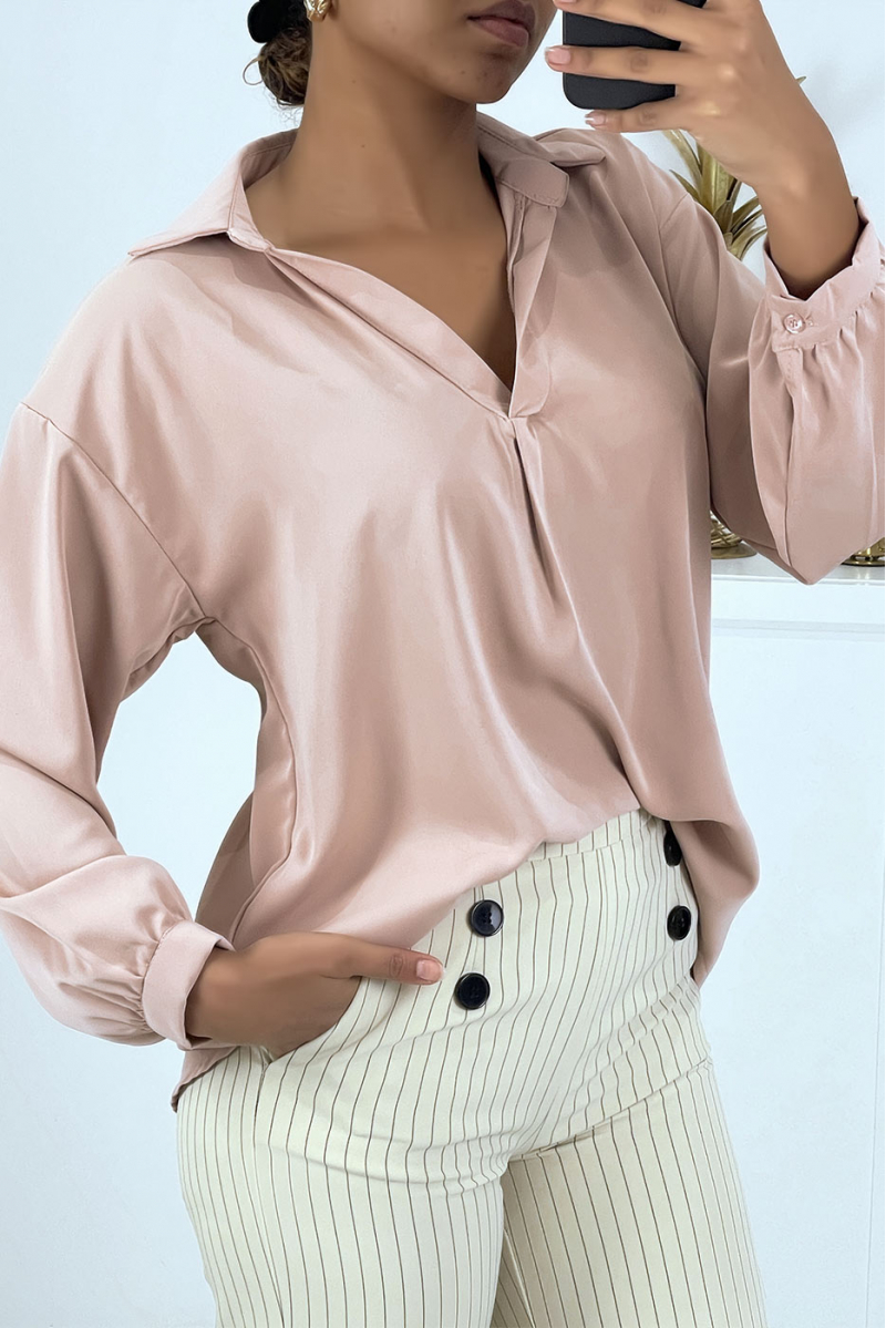 Zeer chique en vallende roze blouse met V-hals - 1