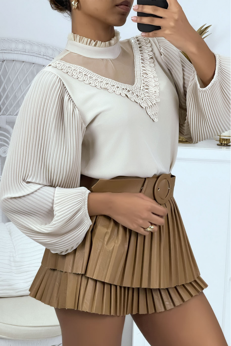 Beige blouse with lace and pleated sleeves - 1