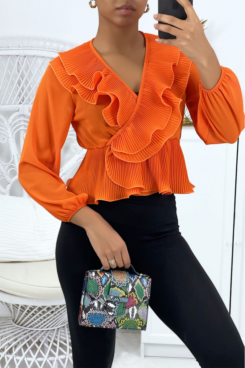 Orange wrap blouse with pleats - 2