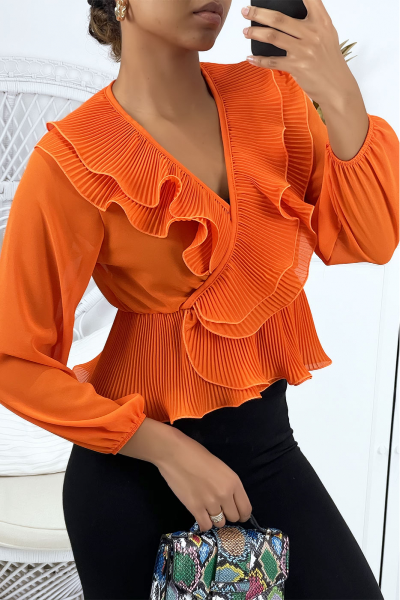 Orange wrap blouse with pleats - 3