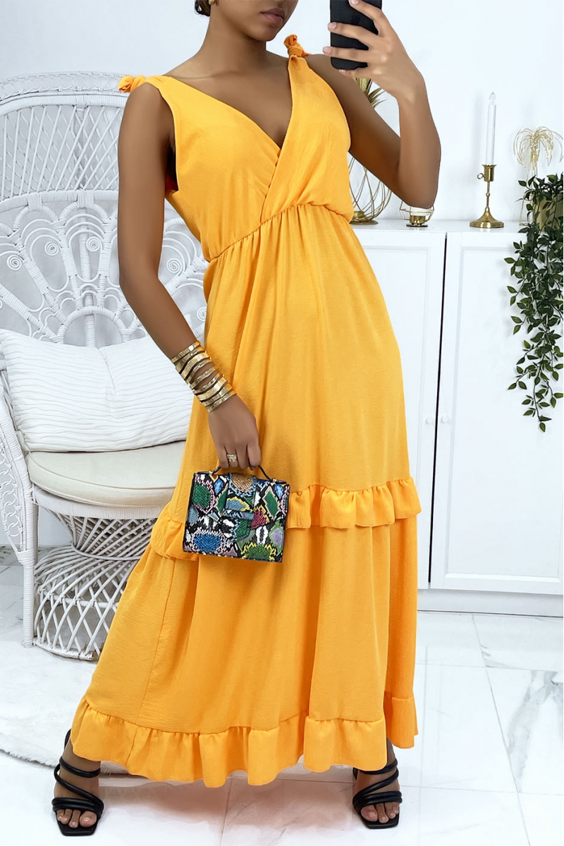 Long yellow dress crossed at the bust with bows on the shoulders - 6