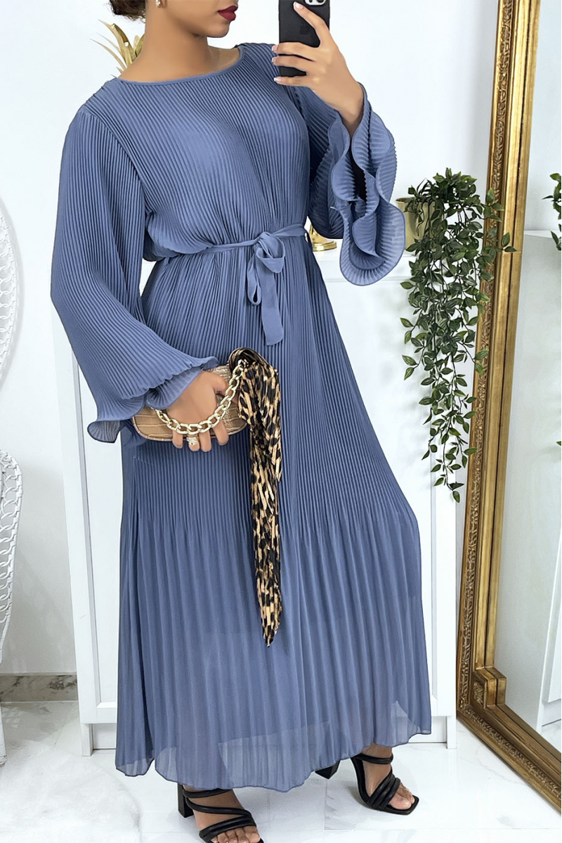 Long indigo blue pleated dress - 1