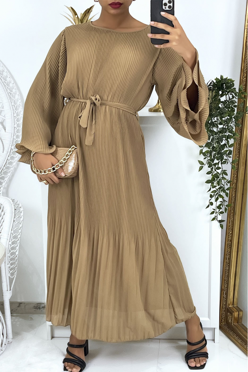 Robe longue plissée camel - 3