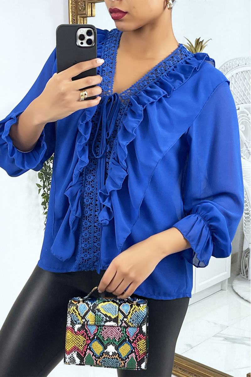 Blouse with ruffles and blue embroidery - 4