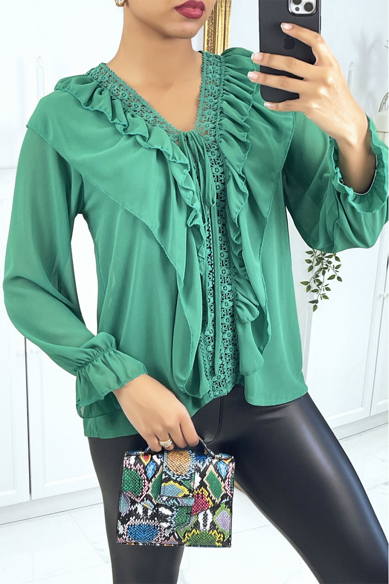 Blouse with ruffles and green embroidery - 2
