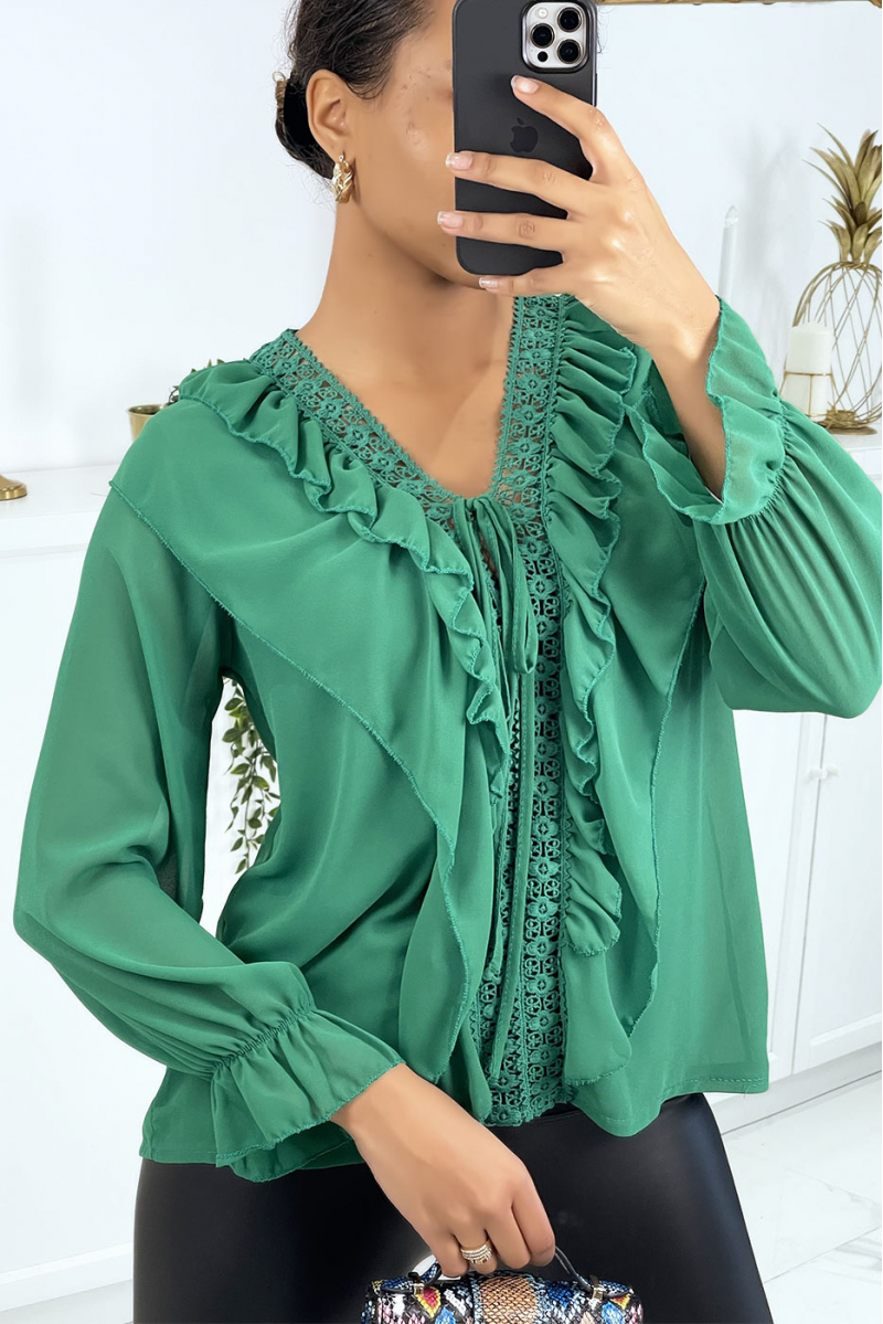 Blouse with ruffles and green embroidery - 4