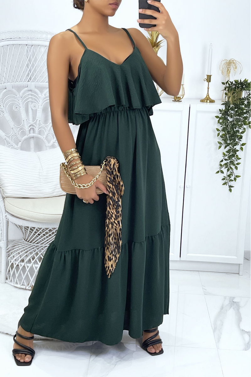 LoLL flared pine green dress with flounces and straps - 1