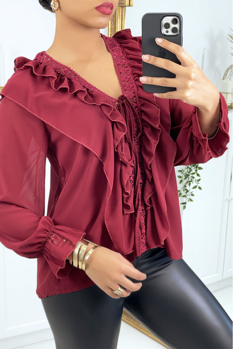 Blouse à volants et broderie rouge bordeaux - 2