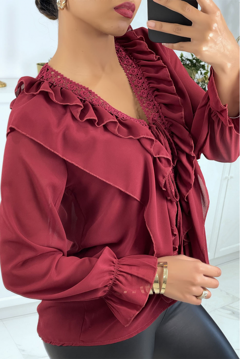 Blouse with ruffles and burgundy red embroidery - 4