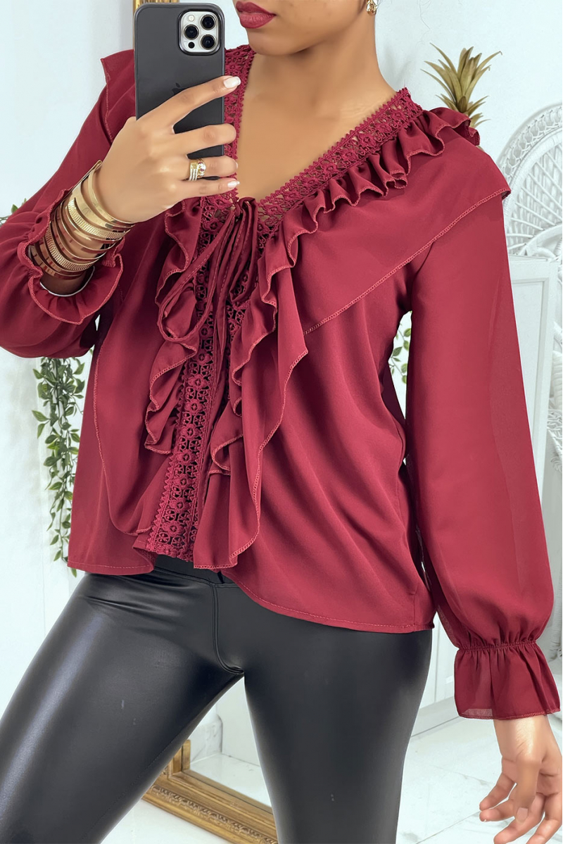 Blouse with ruffles and burgundy red embroidery - 5