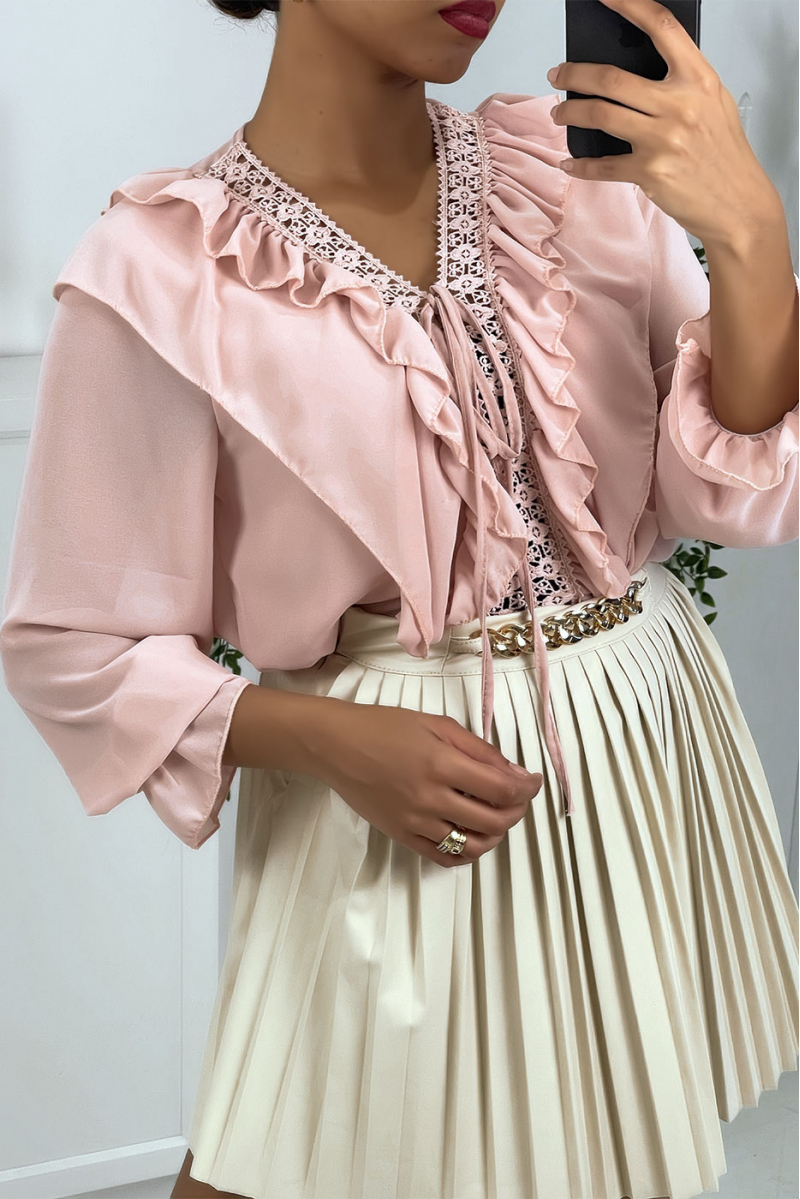 Blouse with ruffles and pink embroidery - 1