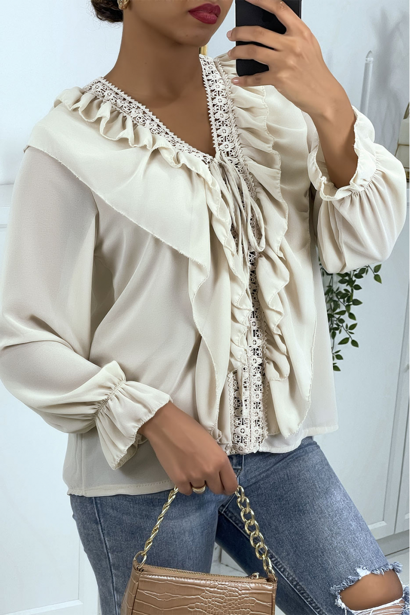 Blouse à volants et broderie beige - 1