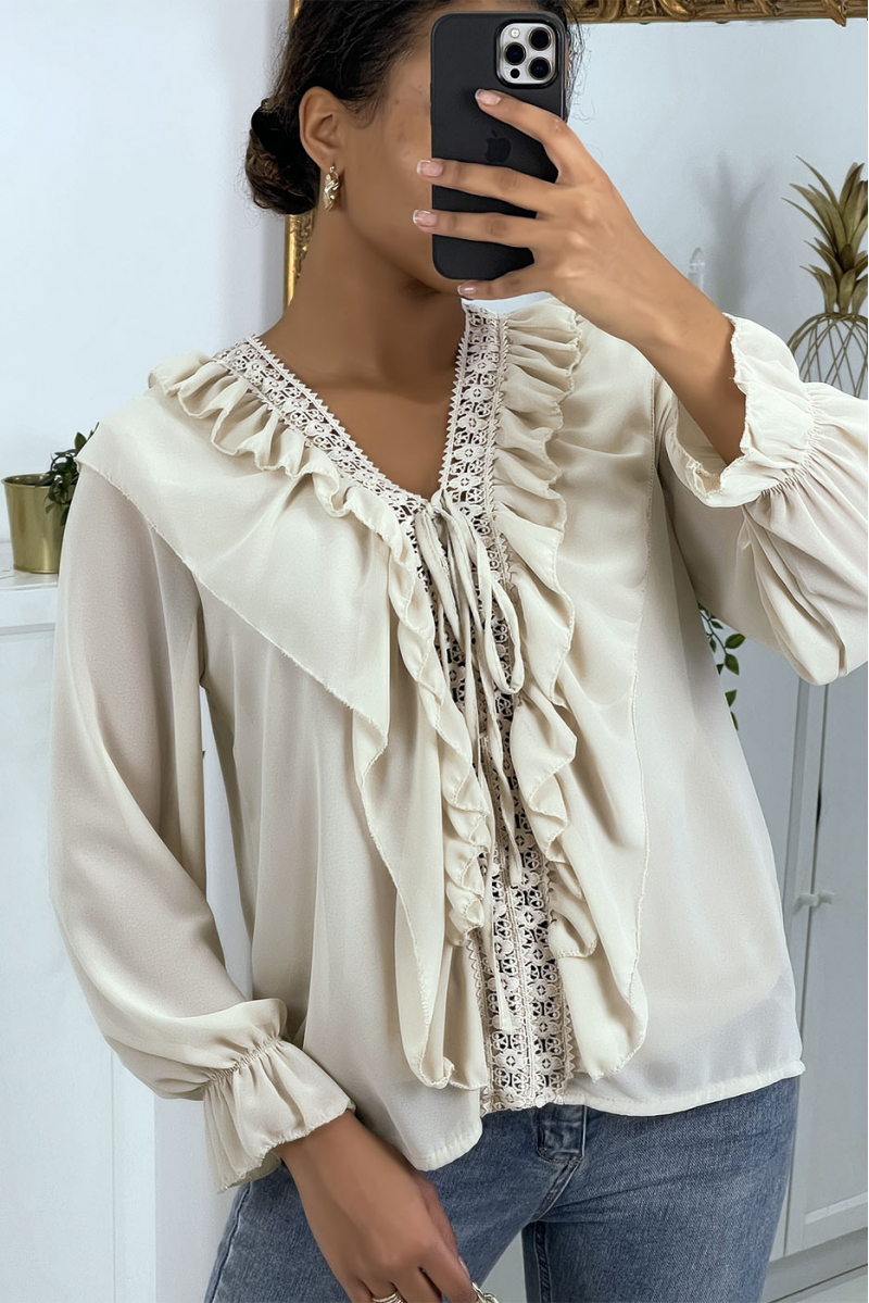 Blouse à volants et broderie beige - 2