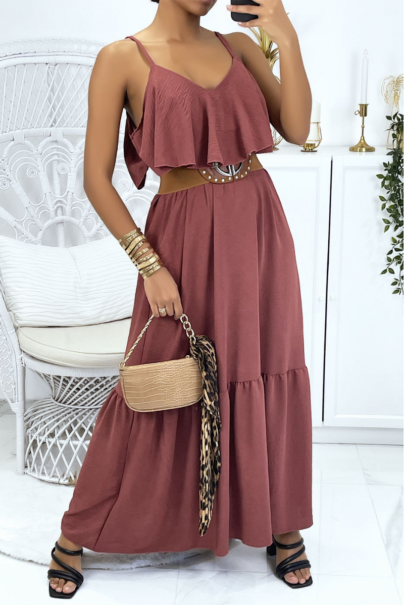Long flared plum dress with flounces and straps - 1