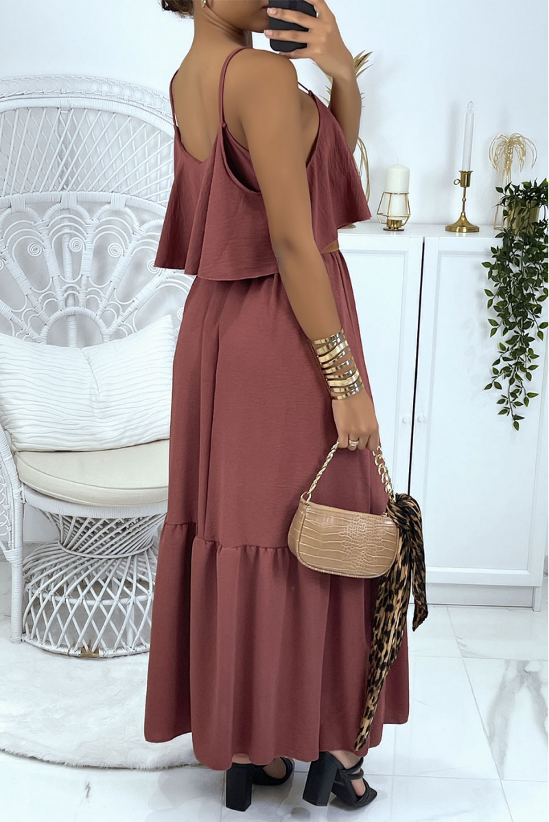 Long flared plum dress with flounces and straps - 3