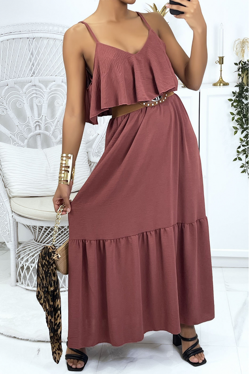 Long flared plum dress with flounces and straps - 4