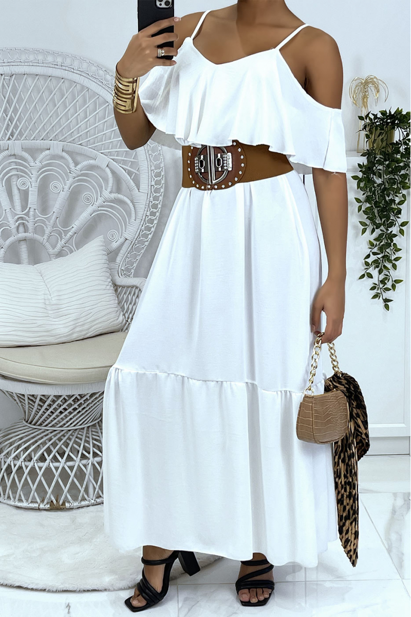 Lange uitlopende witte jurk met volants en bandjes - 1