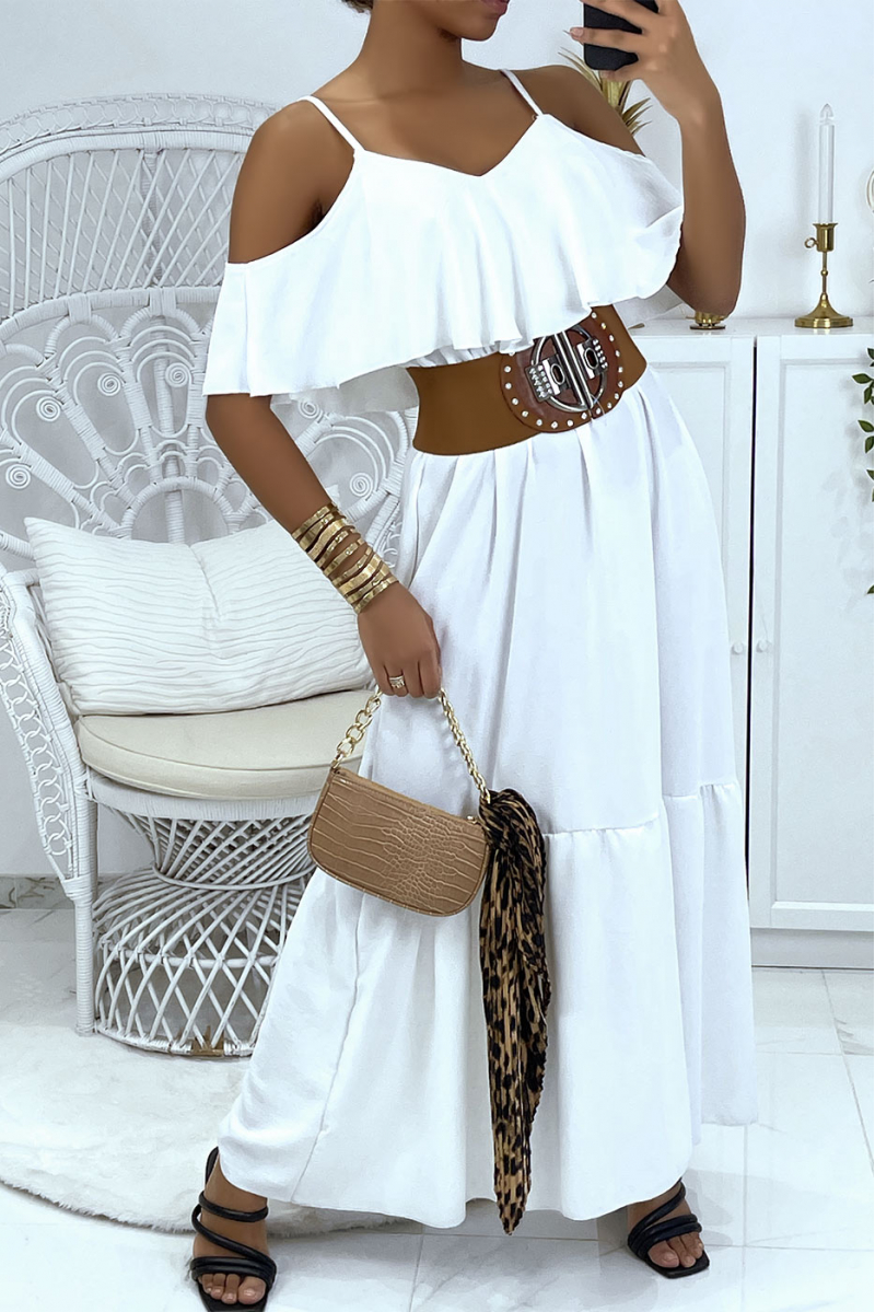 Lange uitlopende witte jurk met volants en bandjes - 3