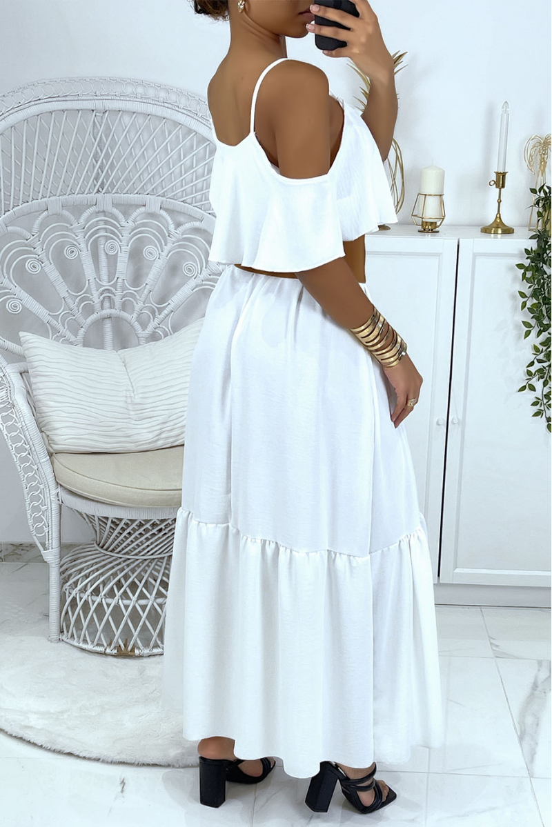 Lange uitlopende witte jurk met volants en bandjes - 5