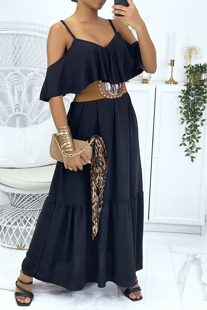 Long flared black dress with flounces and straps - 1