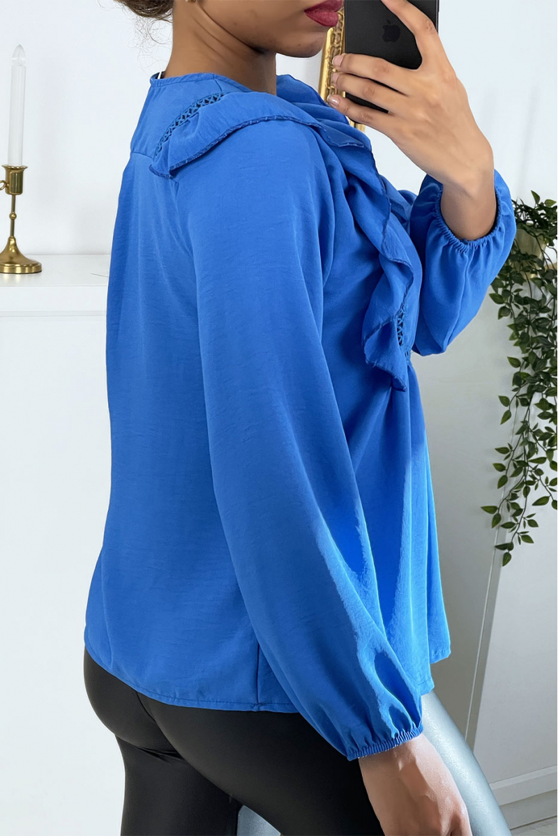 Royal blue round neck blouse with ruffles - 3