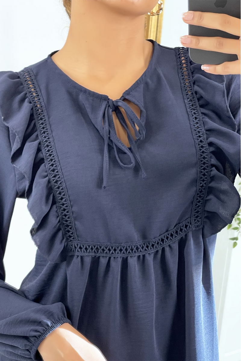 Navy blue round neck blouse with ruffles - 1