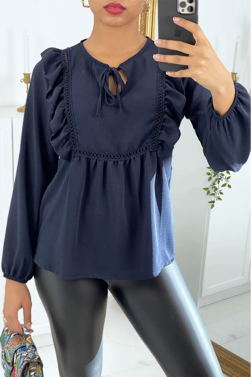 Navy blue round neck blouse with ruffles - 2