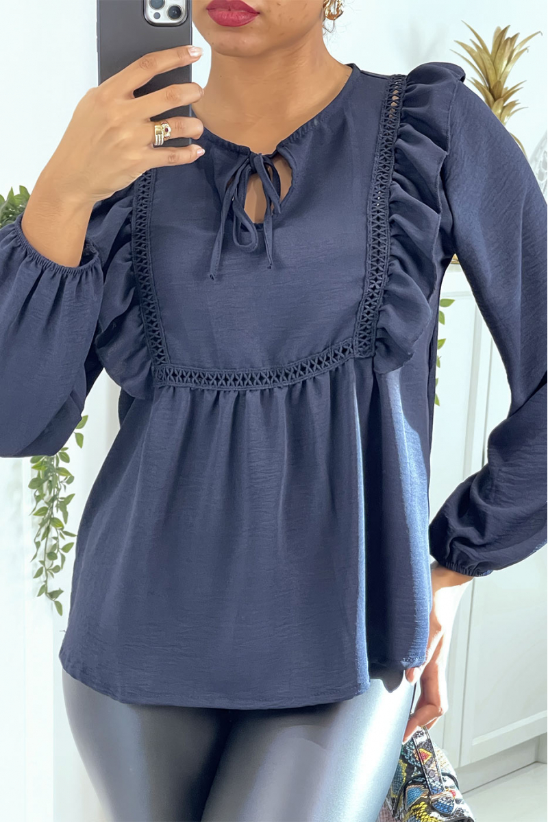Navy blue round neck blouse with ruffles - 3