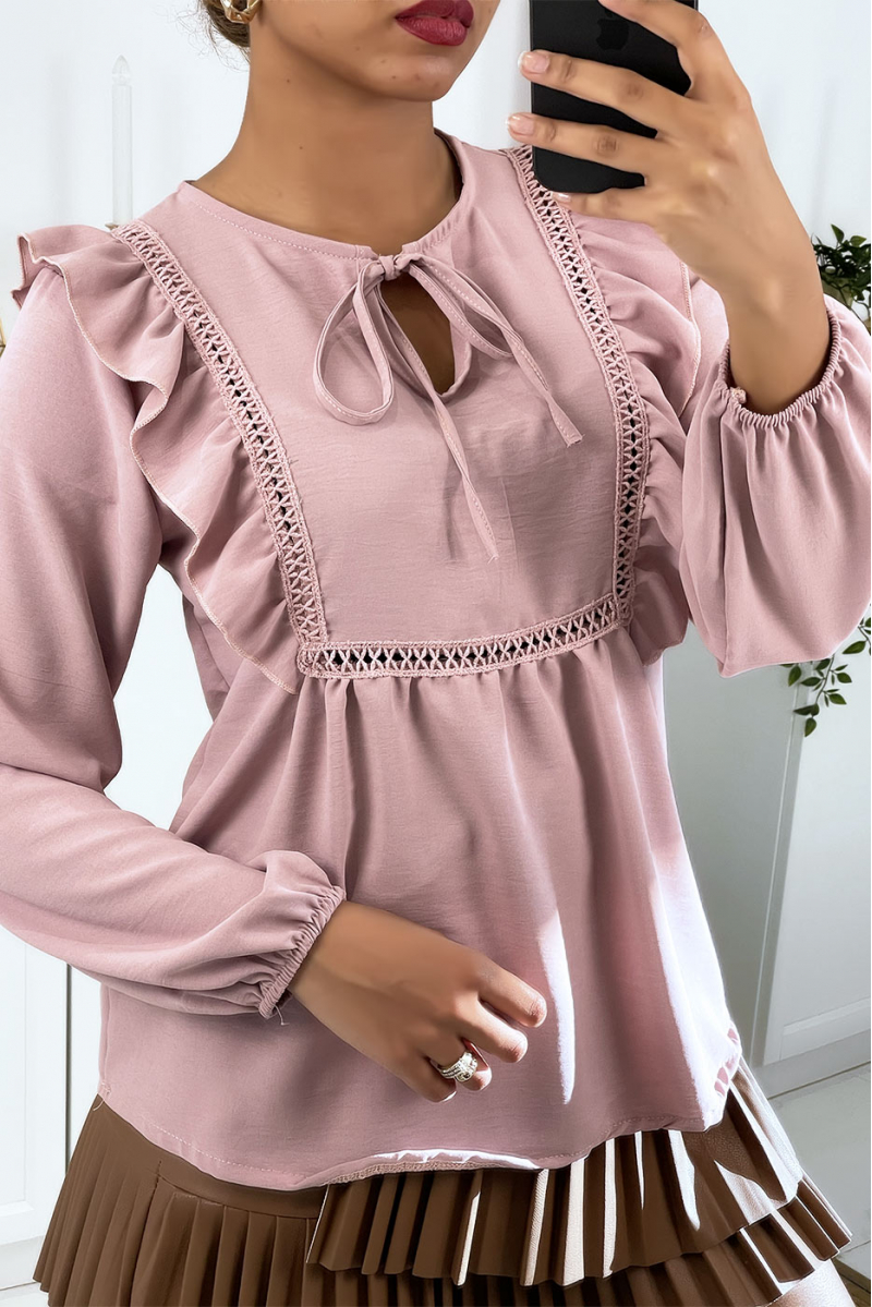 Pink round neck blouse with ruffles - 2