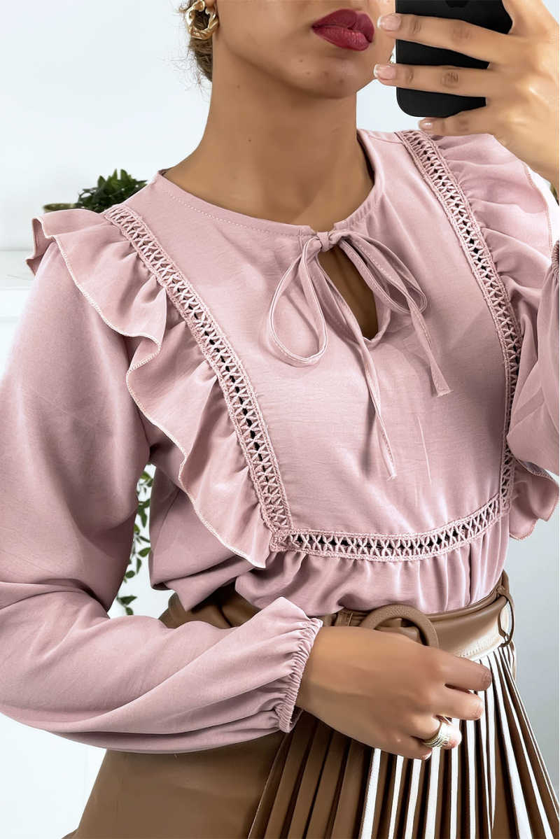 Pink round neck blouse with ruffles - 3
