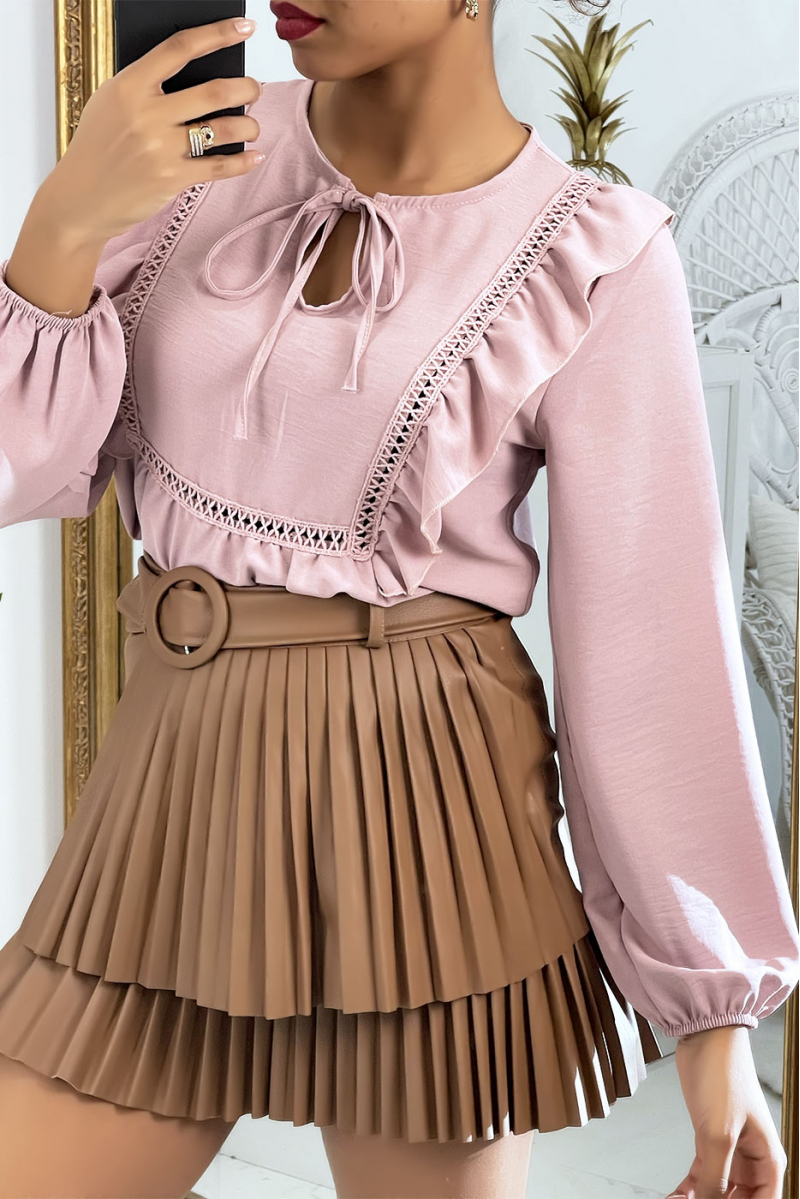 Pink round neck blouse with ruffles - 4