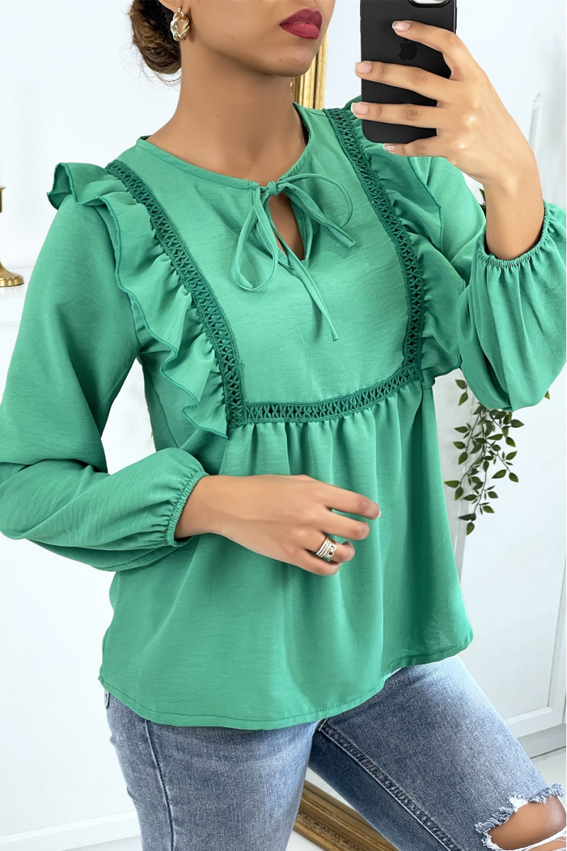 Green round neck blouse with ruffles - 6