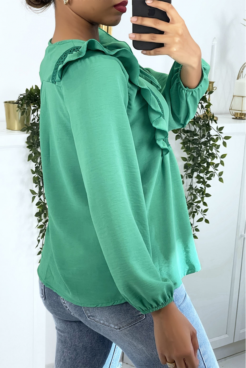 Green round neck blouse with ruffles - 7